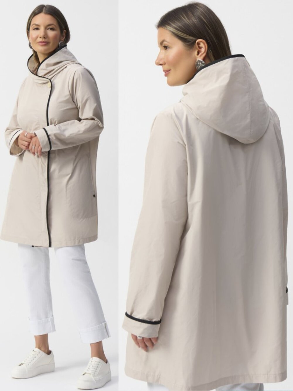 Joseph Ribkoff Beige Full Zip Memory Hooded Trapeze Coat